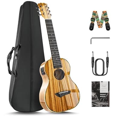 Caramel 6 String CB103G 30 Inch High Gloss Zebra Wood Acoustic & Electric Ukulele Guitalele with Truss Rod with Padded Gig Bag, Strap