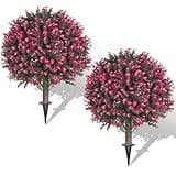 AOKIIE Set of 2 Artificial Rose Boxwood Topiary Ball Bush for Outdoor with Ground Spike 22", UV Resistant Faux Greenery Shrubs, Fake Rose&Green Boxwood Plants for Garden, Yard, Porch, Patio Decor