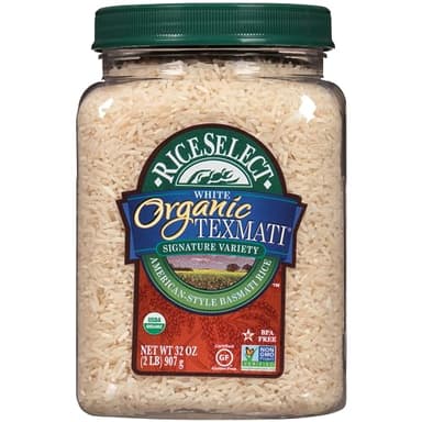RiceSelect Organic Texmati White Basmati Rice, Premium Non-GMO Gluten-Free Long-Grain White Rice, 32-Ounce Jar