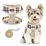 SCENEREAL Puppy Dog Harness with Leash Set for Small Medium Sized Dogs, Soft Mesh Step in Pet Harnesses and Leash, No Chock Plaid Adjustible No Pull Vest for Dogs Cats, Chihuahua,Bulldog (Beige S)