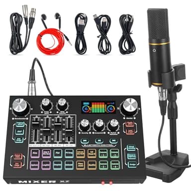 RHM X7 Podcast Equipment Bundle with 48V Phantom Power, Condenser Microphone, 4 Customized & 12 Preset Sound Effects, Support Voice Changing/Noise Reduction, Perfect for TikTok, Youtube, Facebook live