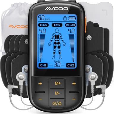 AVCOO 3-in-1 TENS Unit Muscle Stimulator with 30 Modes, 40 Intensities TENS Machine for Gradual Back Pain Relief Therapy, Rechargeable EMS Unit Massager with 12 TENS Electrode Pads, a Storage Bag