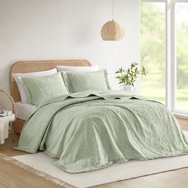 Madison Park Queen Bedspread Oversized Chenille Floral Bespread with Fringes, Bedding Set Cozy Quilt, All Season Lightweight Soft Bedspread, Willow, Queen Sage 3 Piece