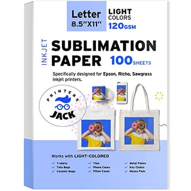 Printers Jack Sublimation Paper - 8.5 x 11 Inches, 100 Sheets 120gsm for Any Epson Sawgrass Inkjet Printer with Sublimation Ink, Heat Transfer Sublimation Paper for T-shirt, Mugs, Light Fabric