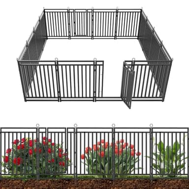 Decorative Garden Fence Metal Dog Fence Outdoor for Yard, 36ft (L) × 40in (H), 14 Panels + 2 Gates, Rustproof Animal Barrier Fencing for Patio & Flower Bed, No Dig, Black-Silver