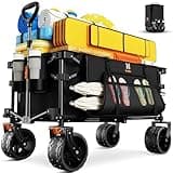 Navatiee Big Wheels Collapsible Wagon Cart Foldable, Heavy Duty Beach Wagon with Silent All-Terrain Wheels, Folding Utility Grocery Cart with Side Pocket and Brakes for Camping Garden Sports, Black