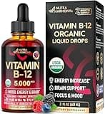 USDA Organic Vitamin B12 Sublingual Drops - 5000 mcg Liquid Vegan Methylcobalamin for Women & Men - Energy Boost, Focus & Mood, Brain Health Support - Maximize Absorption - 2 Month Supply, 2 fl oz
