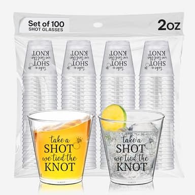 Take a Shot We Tied the Knot – 100 PCS Plastic Wedding Shot Glasses, 2oz, Wedding Favors for Guests, Take Shot Party Favors, Bridesmaid Shot Glasses, Tie the Knot Decorations