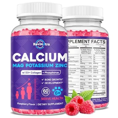Calcium Potassium Magnesium Gummies for Kids & Adults, with Hydrolyzed Collagen, Zinc, Phosphorus, Multivitamin for Sleep, Bone Strength, Density Support, Sugar Free,Raspberry 60 Gummies