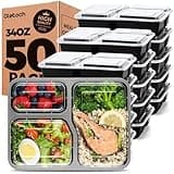 Glotoch 50 Pack 34oz Meal Prep Containers Reusable with Lids 3-Compartment Containers Microwave, Freezer, Dishwasher Safe - Leakproof Food Storage Containers Durable To Go Take Out Plastic Containers