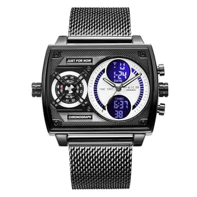 FEICE Mens Square Qaurtz Watches-Big Face Two Time Zone, Waterproof Chronograph, Alarm, Date, Stainless Steel Band Digital Analog Watch for Men(Black)