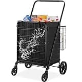 VEVOR Folding Shopping Cart with Removable Waterproof Liner, 210LBS Large Capacity Jumbo Grocery Cart with Dual Basket, 360° Swivel Wheels, Dense Metal Mesh Base, Heavy Duty Utility Cart for Shopping