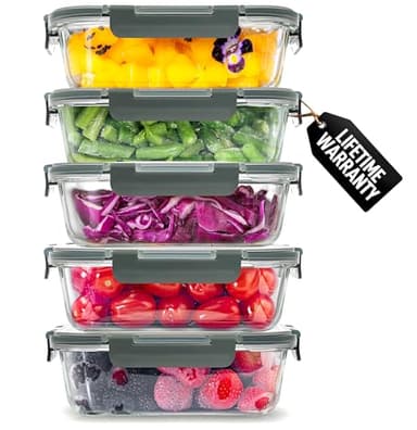 Zulay Kitchen 5 Piece Large 36oz Glass Tupperware Container Set with Lids - Premium BPA Free Borosilicate Glass Food Storage Containers - Leak-Proof Meal Prep - Microwave, Freezer & Oven Safe - Gray