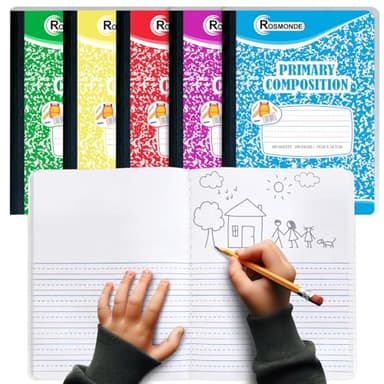 Rosmonde 5 Pack Primary Composition Notebook, 200 Pages (100 Sheets), Drawing Story Journal Writing Notebook, 9-3/4 x 7-1/2, Primary Composition Notebooks, Grades K-2, With Header For Drawing
