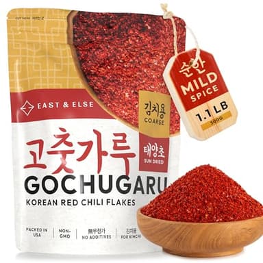 East and Else Gochugaru, Korean Red Chili Pepper Flakes, Coarse Grind for Kimchi, 1.1 LB (500g) Bulk Resealable Bag, Premium 100% Sun-Dried Chili Powder for Stews, Chili Oil, and Asian Cooking