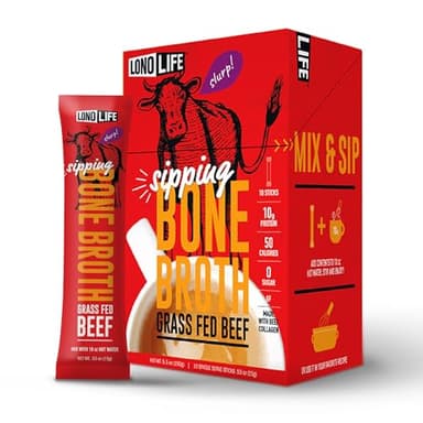 LonoLife Beef Bone Broth Powder Mix | Grass-Fed, 10g Protein | Collagen-Rich, Keto & Paleo Friendly | Natural Ingredients | 10 Portable Stick Pack Servings