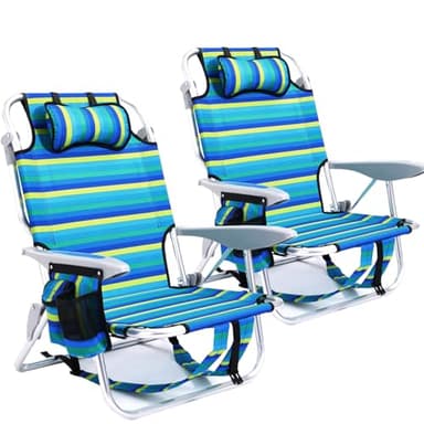 Canpsky 2 Pack Lightweight Portable Camping Beach Chair for Adults, Outdoor Lay Flat Folding Beach Chairs with 5 Positions, Backpack Beach Chair with Towel Bar, Zipper Pouch, Cup Holder, Ocean Striped