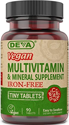 DEVA Vegan Iron-Free Multivitamin & Mineral Supplement, Vitamin C, D2, E & B-Complex, Biotin, 90 Tiny Tablets