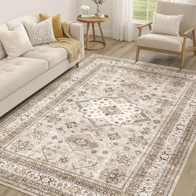 Vintage Living Room Area Rug 6x9 - Large Soft Washable Oriental Traditional Distressed Farmhouse Rugs for Bedroom - Indoor Floor Accent Carpet for Home Office House Decor - Beige