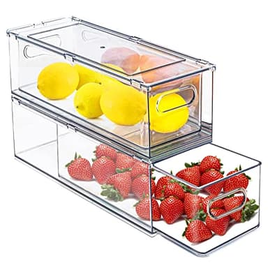 bealy 2 Pack Fridge Organizers and Storage with Pull out Drawer, Stackable Storage Drawer, Clear Refrigerator Organizers, BPA-Free for Kitchen Cabinet Pantry, 3.14QT