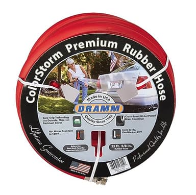 Dramm ColorStorm Premium Rubber Garden Hose, No Kink, Leak Proof Water Hose, Male Female Fittings, Made in USA, Hot & Cold Resistant, 518 Burst PSI, Red, 5/8"x50'