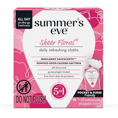 Summer's Eve Sheer Floral Feminine Wipes, Gentle pH-Balanced Formula Helps Control Vaginal Odor, Individually Wrapped Wipes, 12 Count