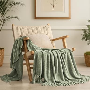 EverGrace Soft Chenille Throw Blanket for Couch, Cozy Plush Fuzzy Decorative Chenille Knit Throw Blanket with Tassels, Lightweight Blanket and Throws for Bed Sofa Gift Home Decor, Sage Green 50"x60"