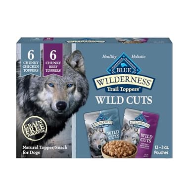 Blue Buffalo Wilderness Trail Toppers Wild Cuts Wet Dog Food Variety Pack, High-Protein & Grain-Free, Made with Natural Ingredients, Chicken and Beef Flavors, 3-oz Pouches, (12 Count, 6 of Each)