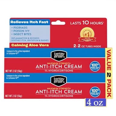 Berkley Jensen Maximum Strength Anti-Itch Cream (4 oz.), with Calming Aloe Vera, 1% Hydrocortisone Itch Relief for Eczema, Psoriasis, Bug Bites, Poison Ivy, Oak and Sumac, 2 oz. Tube (Pack of 2)