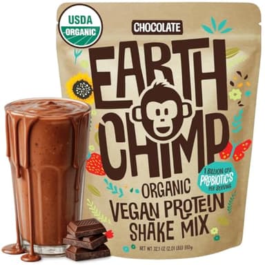 EarthChimp Organic Vegan Protein Powder - with Probiotics - Non GMO, Dairy Free, Non Whey, Plant Based Protein Powder for Women and Men, Gluten Free - 26 Servings 32 Oz (Chocolate)