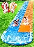 JOYIN 32.5FT Water Slide and 2 Inflatable Boards, Extra Long Double Lawn Slip n Slide Heavy Duty Splash Mat Pad with Sprinkler for Kids Adults Backyard Summer Water Toy Outdoor Fun, Blue, Orange