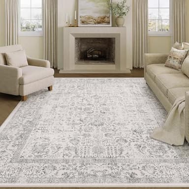 PureCozy Gray Area Rug 6x9 Machine Washable Vintage Living Room Distressed Non Slip Carpet Traditional Indoor Bedroom Grey Retro Floral Accent Throw Large Rug for Office Kitchen Dining Room