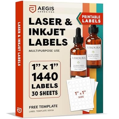 1" X 1" Square Printable Labels for Inkjet and Laser Printers - 30 Sheets, 1440 Matte White Custom Stickers for Price Tags, Business Logo Stickers, QR Codes, Barcodes - Aegis Adhesives Template S001A