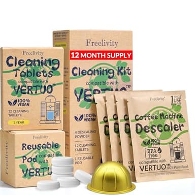 Nespresso Compatible Vertuo Cleaning & Descaling Kit – 12 Month Supply - Includes 4 Descaling Powder Solution, 12 Cleaning Tablets, 1 Reusable Pod, Eco-Friendly Vertuoline Maintenance Kit
