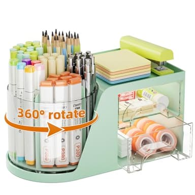 Marbrasse Desk Organizer with 2 Drawer, 360°Rotating Pen Holder, Desk Organizers and Accessories with 6 Slots Pencil Holder + 2 Drawer, Art Supply Storage Box Caddy for Office (Green)