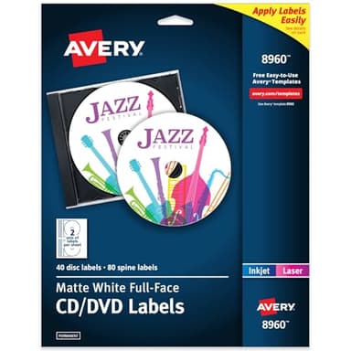 Avery Printable Full-Face CD Labels, Matte White, Permanent Adhesive, Laser/Inkjet Printable, 40 Disc & 80 Spine Labels, Ideal for CDs, DVDs, PC Discs, Media Projects & More (8960)