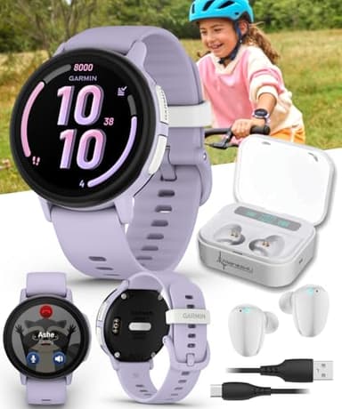 Garmin Bounce 2 Kids Smartwatch with LTE – Two-Way Calling, Text Messaging, Real-Time GPS Tracking, Swim-Friendly AMOLED Display, Music, Light Purple w/Wearable4U White Earbuds Bundle