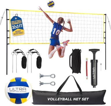 Volleyball Net for Backyard, Beach, Home, Includes 32x3 Ft Regulation Size Net, 8.5-Inch PU Volleyball, Carrying Bag, Boundary Lines, Steel Poles & Pump, Portable Volleyball Net Outdoor and Indoor