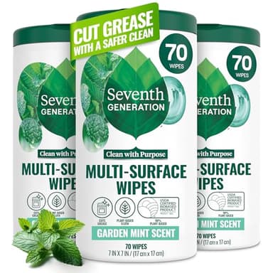 Seventh Generation Multi Purpose Wipes All Purpose Cleaning Garden Mint scent with 100% Essential Oils and Botanical Ingredients 70 count, Pack of 3