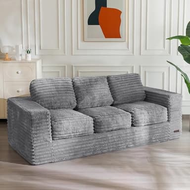 MAXYOYO 3-Seater Boneless Sofa Couch in a Box, Modern Faux Fur Sofa for Living Room, Soft High-Density Foam Couch with Pillows, Fluffy & Supportive Lounge, No Assembly Required, Grey
