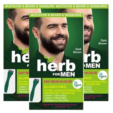 Herb For Men Mustache & Beard Dye, (Dark Brown, 3 Pack), PPD-Free Ammonia-Free, Vegan with Natural Ingredients, Gentle for Sensitive Skin, No Skin Irritation