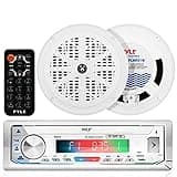 Pyle Bluetooth Marine Receiver Stereo & Speaker Kit - 300W Single DIN Boat Marine Head Unit, Mic, Hands-Free Calling, AUX, MP3/USB/SD, AM/FM Radio, Remote Control - PLMRKT49WT (White)