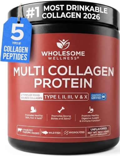 Wholesome Wellness Premium Multi Collagen Peptides Protein Powder for Women and Men, 5 Types of Hydrolyzed Collagen, Grass-Fed, Non-GMO & Unflavored, Pure Protein for Youthful Skin & Joint Recovery