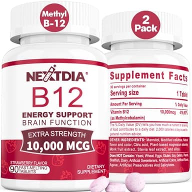 B12 Vitamins 10,000 mcg, Methylated Vitamin B12 Sublingual - Energy Boost, Focus, Metabolism & Brain Health Support, Immune System Support, Fast Dissolve, Natural Strawberry Flavor, 180 Servings
