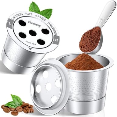 CAPMESSO Reusable K Cups for Keurig: 2026 All Stainless Steel Refillable Coffee Pods Metal Coffee Filters with 5-Hole & Scoop - for K Supreme/K Slim/K-Duo Gen 2/K-Brew Chill MultiStream Maker (2 Pack)