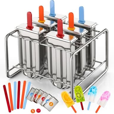 Jingmore Stainless Steel Pop Molds, 6 Round Head Metal Pop Molds with Holder & Reusable Sticks, Metal Ice Cream Makers for Frozen Yogurt Fruit Ice Cream Sorbet Making(Square)