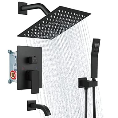 Aolemi Rainfall Shower System Shower Head Combo Set with Tub Filler Handheld Shower Luxury Rough-in Valve Included Wall Mount Bathroom Shower Mixer Faucet 8 Inch Shower Head Matte Black