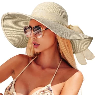 Beach Sun Hats for Women,Wide Brim Straw Hat Floppy Packable UPF 50+ UV Protection with for Summer
