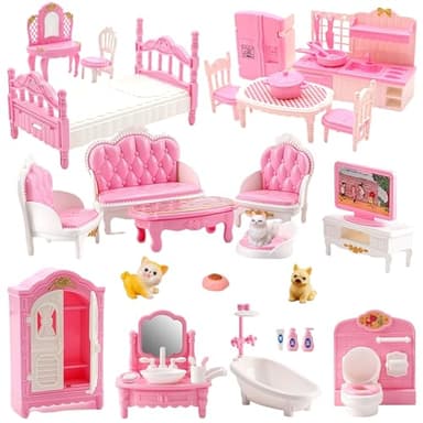 36Pcs Dollhouse Furniture Sets,Miniature 1:12 Scale Doll House Accessories and Furniture with Cat,Dog,Kitchen, Dining Room, Living Room,Bedroom for Playhouse Toy(Pink)