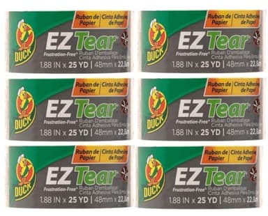 Duck EZ Tear Brown Paper Packing Tape for Boxes, 6 Rolls of Kraft Paper Packaging Tape, Great for Shipping, Moving, Mailing, & Storage, Tears by Hand, Writable Surface, 1.88 Inch x 25 Yards, Tan